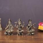 4" Brass Superfine Ganesha Lakshmi Saraswati Set | Divine Trinity on Lotus | Sacred Festival Idols